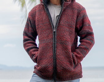 Maroon Charcoal Warm Wool Jacket Thick Winter Fleece Lined Hippie Hoodie Coat Nepali Double Knitted Eyelet Net Pattern Jumper Zip