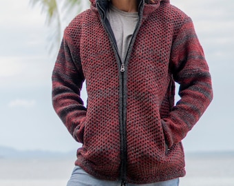 Wool Fleece Lined Hoodie: Maroon Charcoal Nepali Knitted Jacket