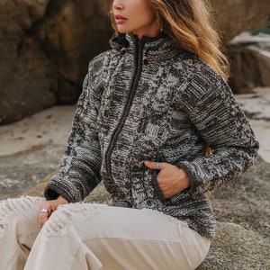Brown & Cream Aran Wool Fleece Lined Hoodie Jacket Double Knitted Thick Winter Coat Nepali Jumper Zip Pockets Detachable Hood