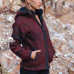 Warm Winter Wool Coat Thick Maroon Grey Fleece Lined Hippie Hoodie with Zip and Detachable Hood Eyelet Pattern Boho Coat Nepal Jumper