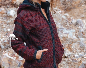 Warm Winter Wool Coat Thick Maroon Grey Fleece Lined Hippie Hoodie with Zip and Detachable Hood Eyelet Pattern Boho Coat Nepal Jumper