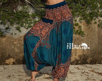 Sarouel mandala bleu sarcelle femme pantalon Genie Aladdin gitane bohème vêtements amples hippie hippie pantalon de yoga baggy tenue de festival