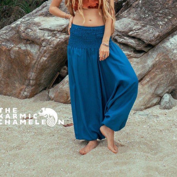Sarouel bleu uni pour femme, vêtements de détente confortables, pantalons de yoga amples, pantalons hippie hippie, festival d'été, entrejambe ouvert