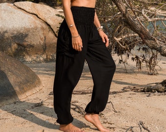 Sarouel uni noir femme pantalon hippie à entrejambe élevé vêtements de détente confortables pantalons de yoga ample festival d'été bohème plage