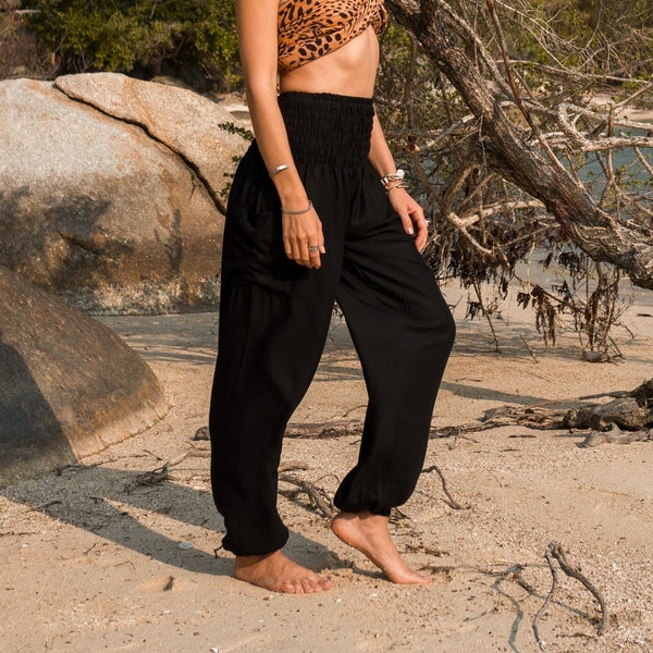 Sarouel uni noir femme pantalon hippie à entrejambe élevé vêtements de détente confortables pantalons de yoga ample festival d'été bohème plage