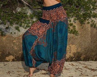 Sarouel mandala bleu sarcelle femme pantalon Genie Aladdin gitane bohème vêtements amples hippie hippie pantalon de yoga baggy tenue de festival