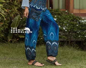 Bright Blue Peacock Feather Harem Pants Women Hippie Pants Comfy Loungewear Yoga Trousers Loose Baggy Festival Summer Boho Beach