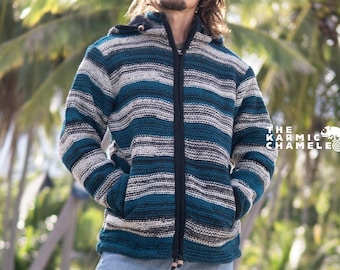 Warm Winter Wool Jacket Unisex Thick Striped Teal Grey Fleece Lined Hippie Hoodie with Zip and Detachable Hood Boho Coat Nepal Jumper
