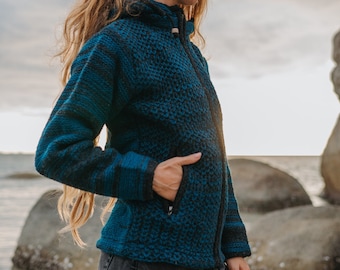 Warmer Winter Wollmantel Dicker Teal Grau Fleece Gefüttert Hoodie mit Reißverschluss und Abnehmbarer Kapuze Öse Muster Boho Mantel Nepal Pullover