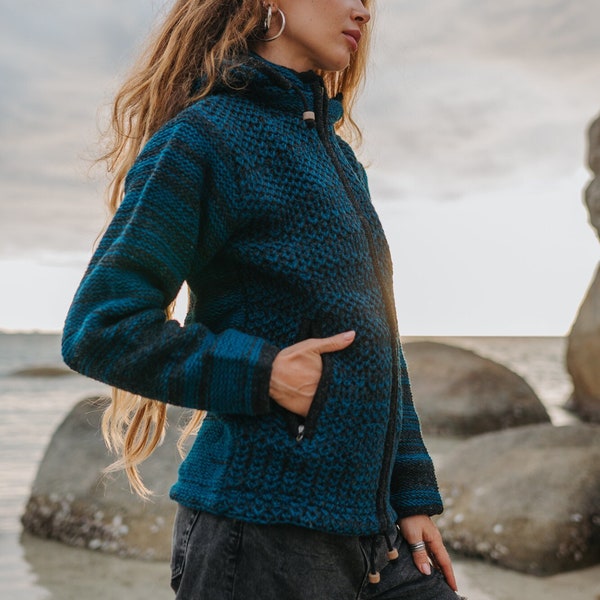 Warmer Winter Wollmantel Dicker Teal Grau Fleece Gefüttert Hoodie mit Reißverschluss und Abnehmbarer Kapuze Öse Muster Boho Mantel Nepal Pullover