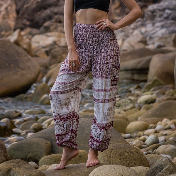 Elephant Harem Pants Maroon Red Hippie Yoga Pants High Crotch Trousers Gypsy Boho Womens Loose Baggy Festival Summer