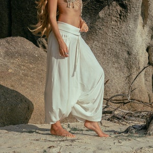 Cream Harem Pants Women, Drop Crotch Jersey Yoga Trousers, Boho Hippie Lounge Pants, Comfy Baggy Festival Trousers, Summer Bohemian Style