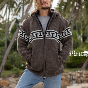 Warm Winter Wool Coat Thick Fleece Lined Hoodie with Zip and Detachable Hood Hippie Boho Coat Nepal Light Brown Jumper