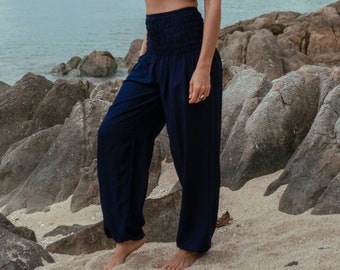 Schlichte marineblaue Haremshose für Damen, Hippie-Hose mit hohem Schritt, bequeme Loungewear, Yoga-Hose, lose Baggy, Festival, Sommer, Boho-Strand