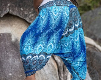 Plus Size Bright Blue Harem Pants Women Peacock Feather Genie Aladdin Pants Comfy Loungewear Boho Clothing Hippie Style Festival Clothing