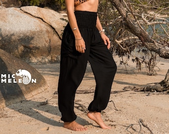 Sarouel uni noir femme pantalon hippie à entrejambe élevé vêtements de détente confortables pantalons de yoga ample festival d'été bohème plage