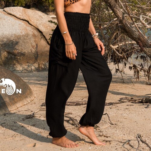 Plain Black Harem Pants Women High Crotch Hippie Pants Comfy Loungewear Yoga Trousers Loose Baggy Festival Summer Boho Beach