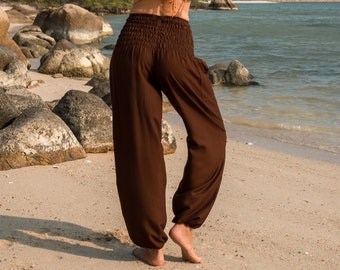 Sarouel marron uni, pantalon hippie avec entrejambe haut pour femme, vêtements de yoga, pantalons d'été légers, smocks à la taille, tailles 6-16