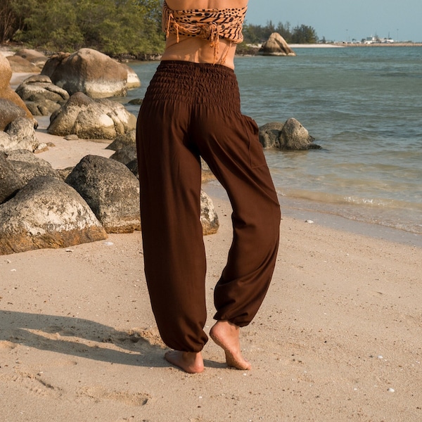 Sarouel marron uni, pantalon hippie avec entrejambe haut pour femme, vêtements de yoga, pantalons d'été légers, smocks à la taille, tailles 6-16