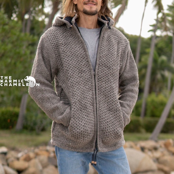 Brown Warm Wool Jacket Thick Winter Fleece Lined Hippie Hoodie Coat Nepali Double Knitted Eyelet Net Pattern Jumper Zip