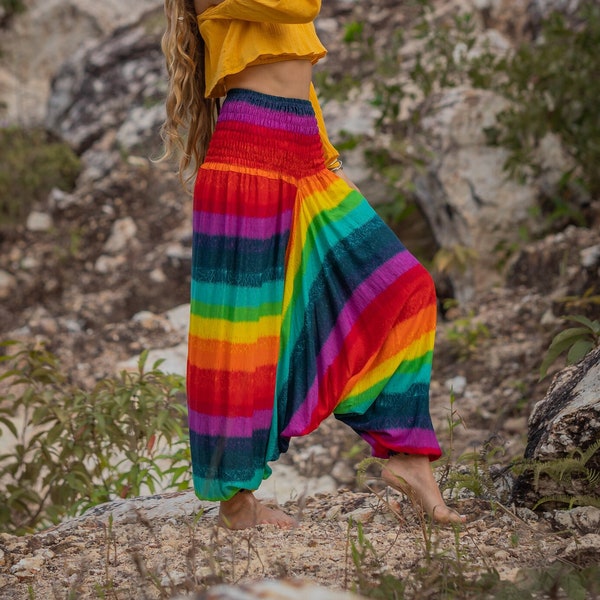 Rainbow Harem Pants Hippie Hippy Yoga Trousers Vibrant Comfy Genie Pants Gypsy Pride Boho Aladdin Loose Clothing Baggy Festival Wear