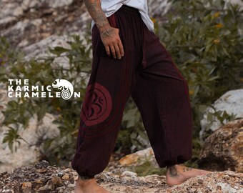 Stonewashed Mens High Crotch Harem Pants Hippie Stonewash Pants Red Om Ohm Symbol Distressed Hippy Skater Pants Yoga Trousers