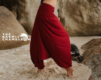 Plain Wine Red Harem Pants Women Comfy Loungewear Loose Yoga Pants Hippy Hippie Trousers Summer Festival Dropcrotch Aladdin