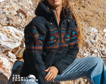 Cálida sudadera con capucha de lana de invierno, abrigo hippie forrado de vellón gris carbón grueso con cremallera y capucha desmontable, Boho, jersey de Nepal, suéter de invierno