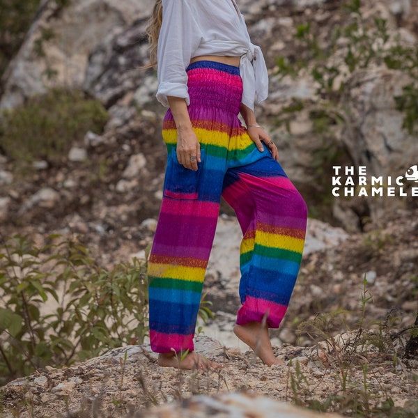 Rainbow High Crotch Harem Pants Yoga Pants Hippie Pants Striped Multi Colour Colourful Bright Pride Boho Festival