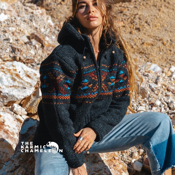 Warme winterwollen hoodie, dikke antracietgrijze, met fleece gevoerde hippiejas met ritssluiting en afneembare capuchon, Boho, Nepal trui, wintertrui