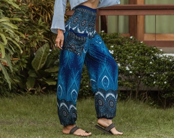 Sarouel bleu vif en plumes de paon femme pantalon hippie vêtements de détente confortables pantalons de yoga ample festival d'été bohème plage