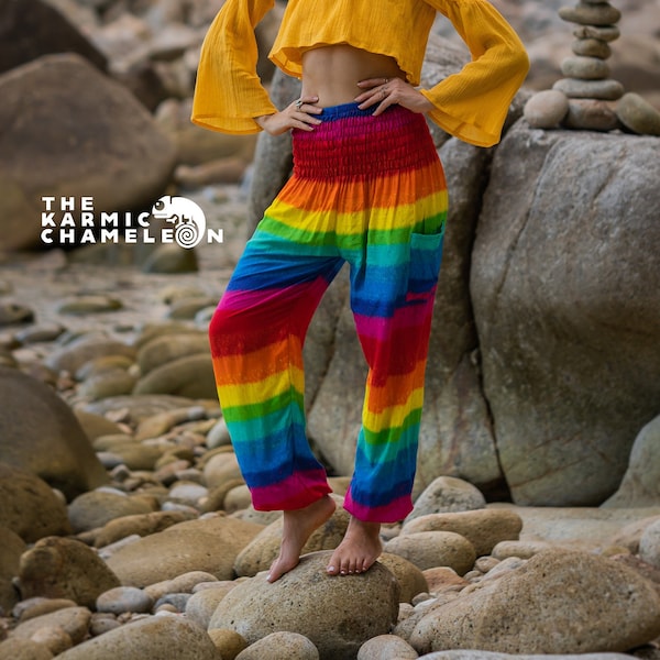 Regenbogen High Crotch Haremshose Yogahose Hippie Hose gestreift mehrfarbig bunt bunt Bright Pride Boho Festival