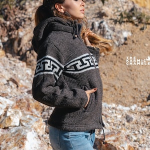 Warm Hippie Jacket Double Knitted Thick Wool Fleece Lined Hoodie Coat Nepali Brown Jumper Detachable Hood Zip