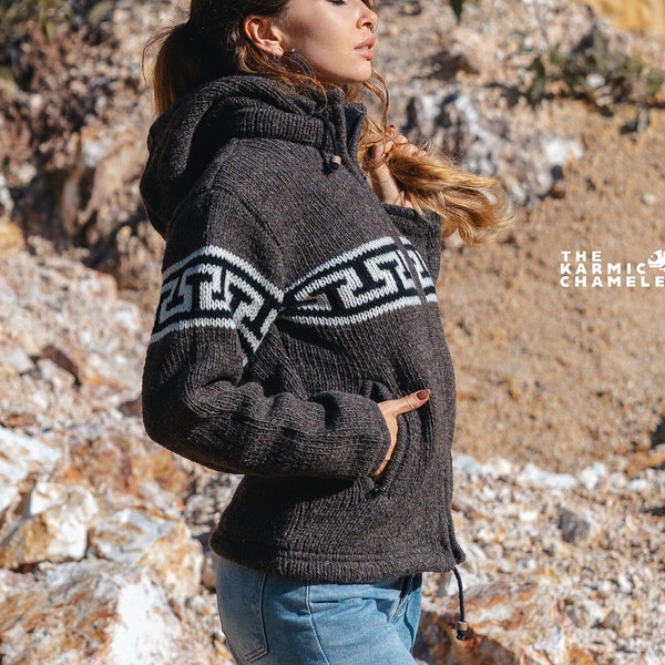 Warm Hippie Jacket Double Knitted Thick Wool Fleece Lined Hoodie Coat Nepali Brown Jumper Detachable Hood Zip