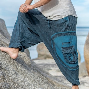 Men&#39;s Blue Cotton Harem Pants: Stonewashed Swirl Pocket, Boho Hippie Style
