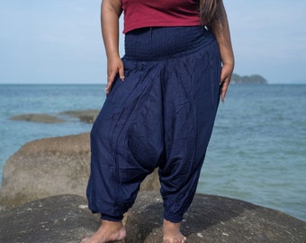 Pantalones Harem de talla grande liso azul marino pantalones de paracaídas para mujer Aladdin gitano cómodo loungewear Boho ropa hippie estilo festival ropa