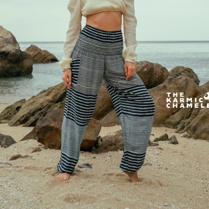Teal White Striped Harem Pants Women High Crotch Hippie Pants Comfy Loungewear Yoga Trousers Loose Baggy Festival Summer Boho Beach image 2