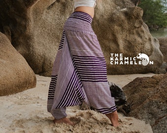 Harem Pants Women Hippie Hippy Yoga Trousers Striped Purple & White Comfy Loungewear Gypsy Boho Aladdin Loose Clothing Baggy Festival