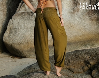 Sarouel vert uni pour femme, pantalon hippie à entrejambe élevé, vêtements de détente confortables, pantalons de yoga, ample festival d'été, plage bohème