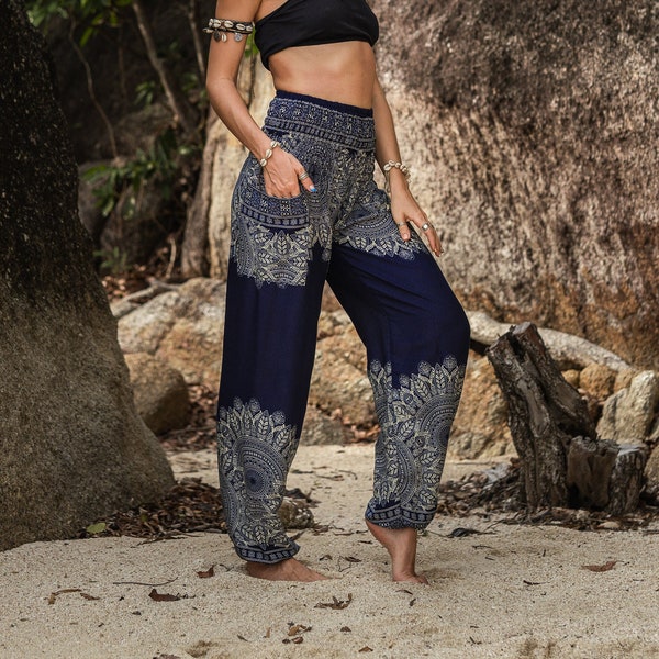 Mandala Harem Pantalones Mujeres Azul Hippie Pantalones Cómodos Loungewear Yoga Pantalones Sueltos Baggy Festival Verano Boho Beach