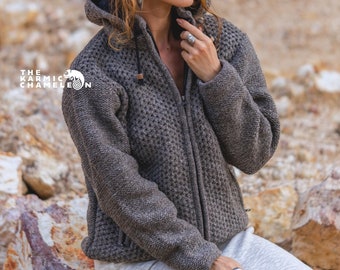 Warm Winter Wool Coat Thick Light Brown Fleece Lined Hippie Hoodie with Zip and Detachable Hood Eyelet Pattern Boho Coat Nepal Jumper