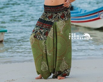 Green Harem Pants Women Yoga Trousers Hippie Comfy Loungewear Paisley Mandala Gypsy Boho Aladdin Loose Clothing Baggy Festival
