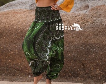 Bright Green Harem Pants Women Peacock Feather Comfy Loungewear Loose Yoga Pants Hippy Hippie Trousers Summer Festival