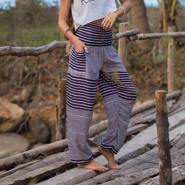 Sarouel rayé violet blanc pour femme, pantalon hippie à entrejambe élevé, vêtements de détente confortables, pantalons de yoga, festival d'été, plage bohème