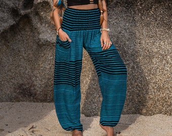 Sarouel rayé bleu femme pantalon hippie à entrejambe élevé vêtements de détente confortables pantalons de yoga ample festival d'été bohème plage