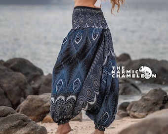 Black Blue Peacock Feather Harem Pants Women Comfy Loungewear Loose Yoga Pants Hippy Hippie Trousers Summer Festival