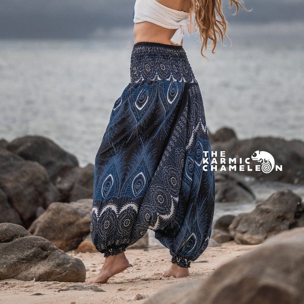 Black Blue Peacock Feather Harem Pants Women Comfy Loungewear Loose Yoga Pants Hippy Hippie Trousers Summer Festival