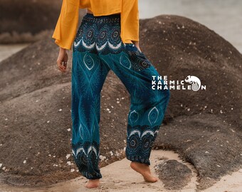 Aqua Sea Green Peacock Feather Harem Pants Women Hippie Pants Comfy Loungewear Yoga Trousers Loose Baggy Festival Summer Boho Beach
