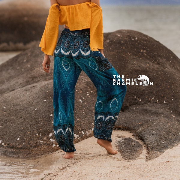 Sarouel turquoise avec plumes de paon, pantalon de yoga aquatique, pantalon confortable pour les festivals, vêtements bohèmes, taille petit moyen et grand