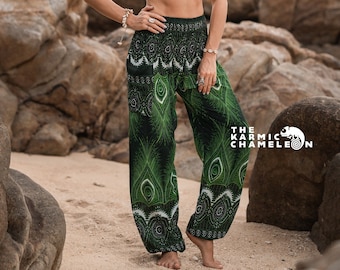 Sarouel vert plumes de paon femme pantalon hippie vêtements de détente confortables pantalons de yoga ample festival d'été bohème plage